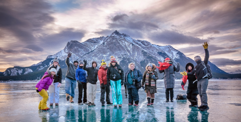 group tour of icefields parkway and ice bubbles of abraham lake