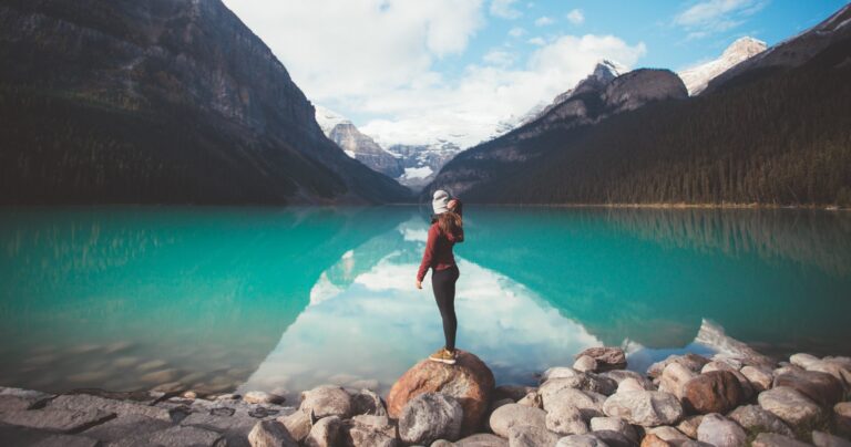 woman on hiking tour at lake louise