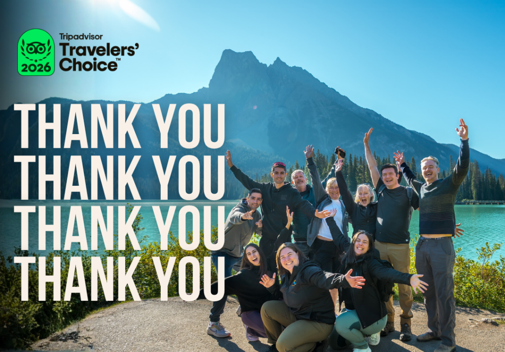 Guests celebrating at Emerald lake with text overlay 'THANK YOU' and trip advisor travellers choice award 2026 badge.