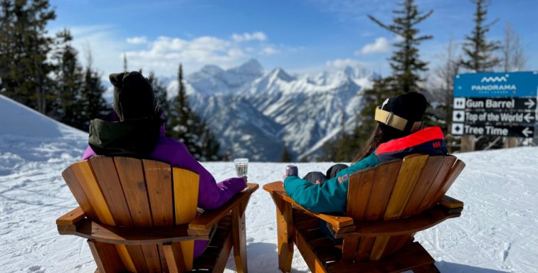 friends drinking at summit of panorama after skiing