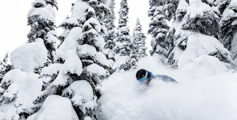 person skiing with face shot of powder